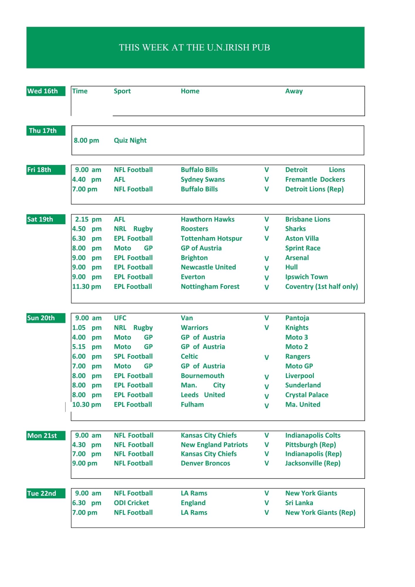 Sports This Week At UN Irish Pub Sports This Week At UN Irish Pub